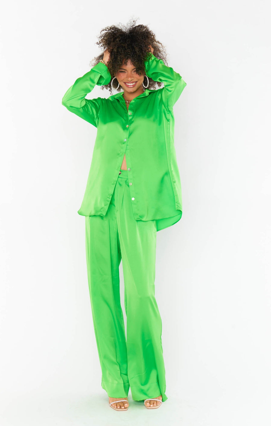 Show Me Your Mumu Hayes Trousers in Bright Green Luxe Satin – side view