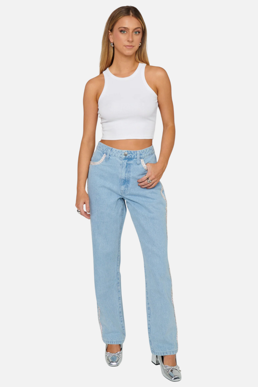 Show Me Your Mumu Icon Jeans in Indigo with Rhinestone Trim – front view