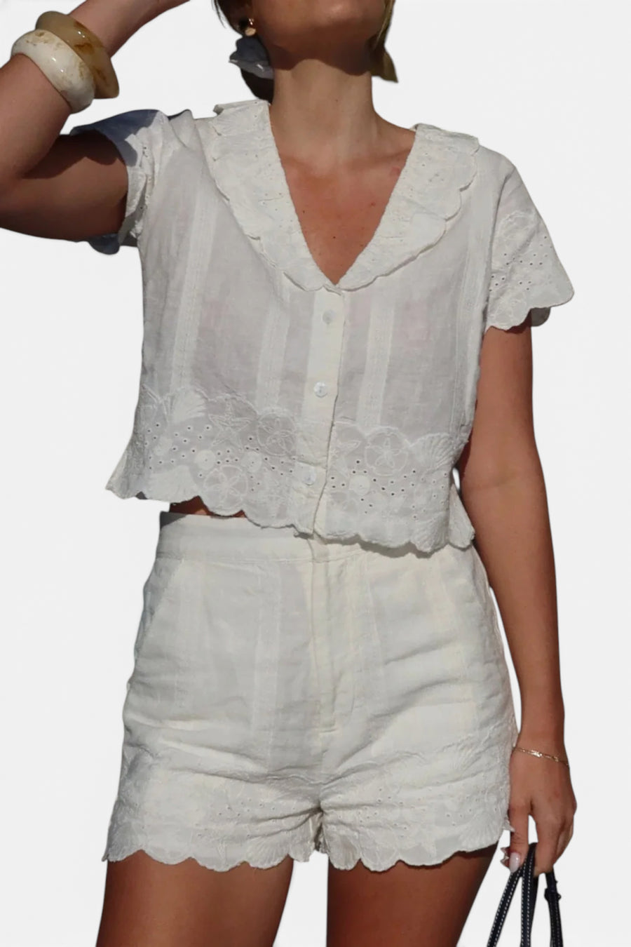 Show Me Your Mumu Lyla Eyelet Embroidery Shorts in White – detail