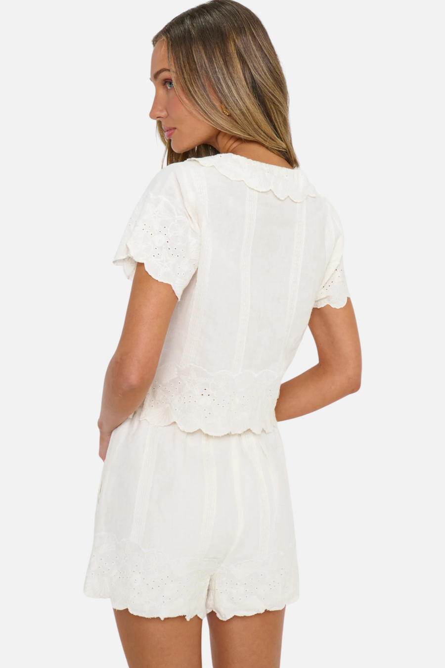Show Me Your Mumu Lyla Eyelet Embroidery Shorts in White – flat lay