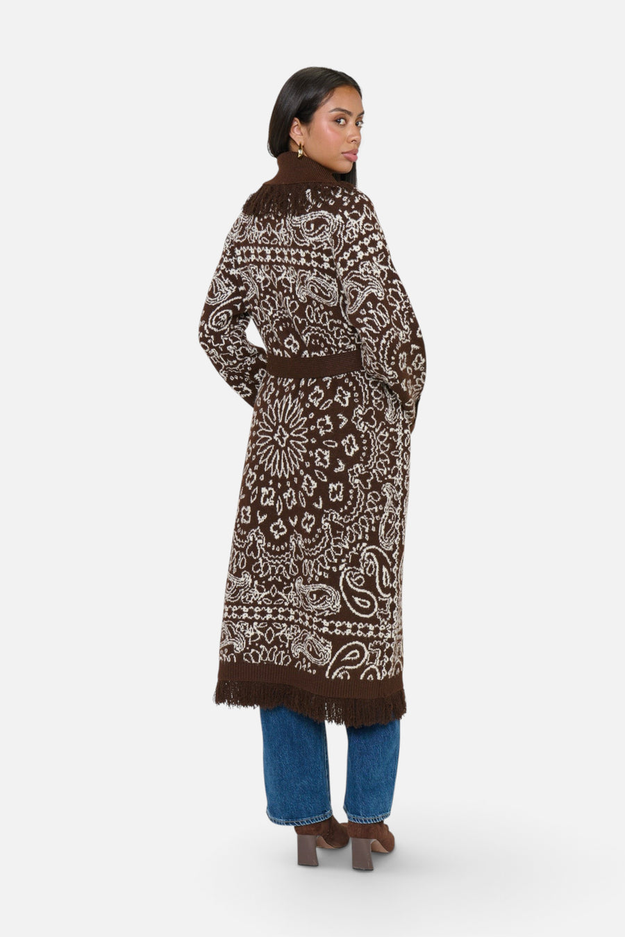Show Me Your Mumu Maisie Cardigan in Brown Bandana Knit – back view