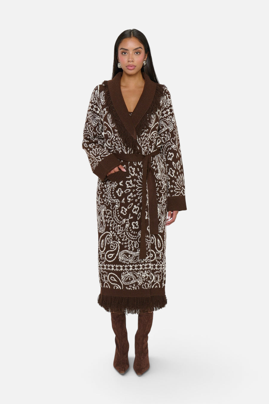 Show Me Your Mumu Maisie Cardigan in Brown Bandana Knit – detail