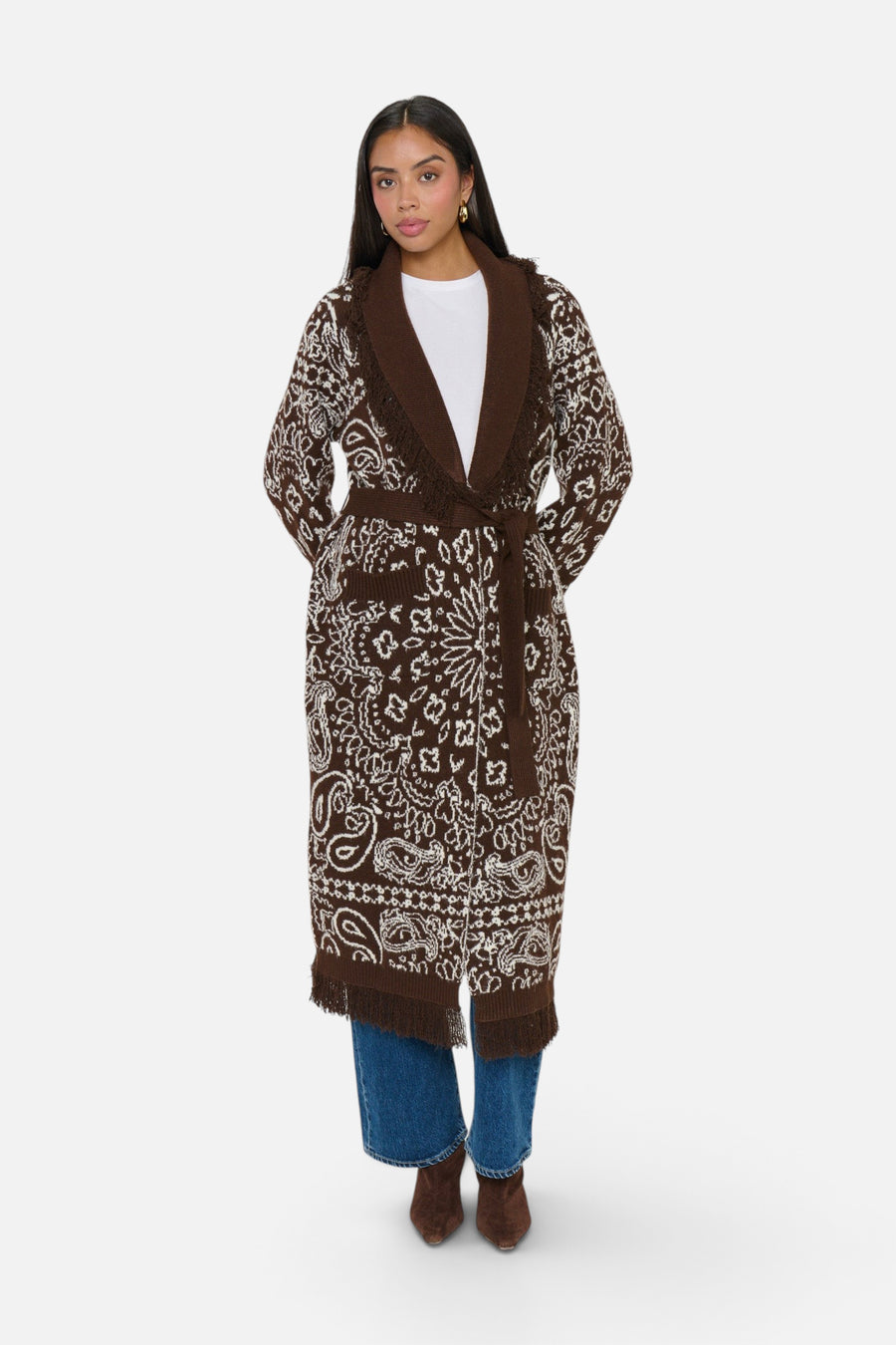 Show Me Your Mumu Maisie Cardigan in Brown Bandana Knit – front view