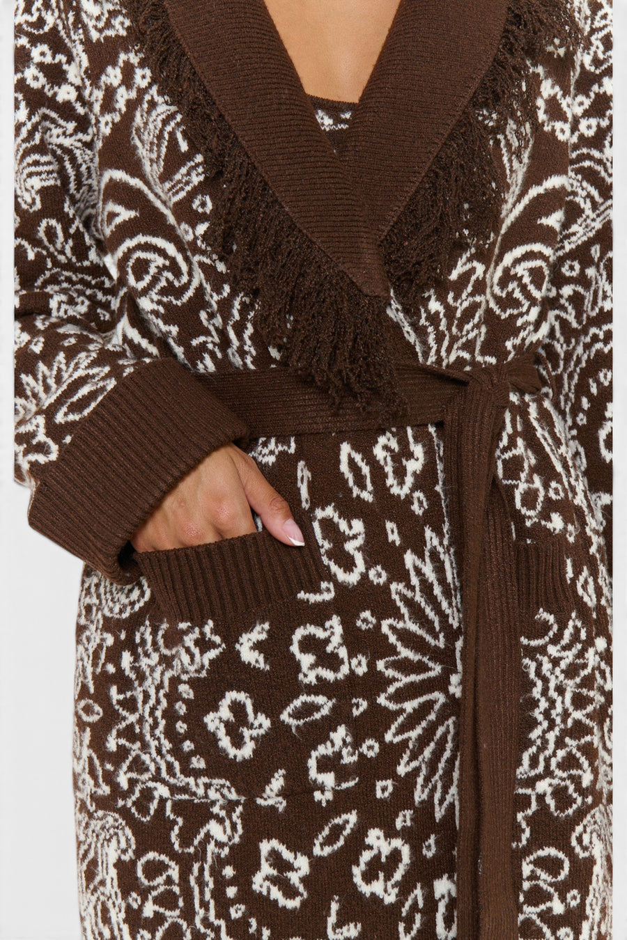 Show Me Your Mumu Maisie Cardigan in Brown Bandana Knit – on model