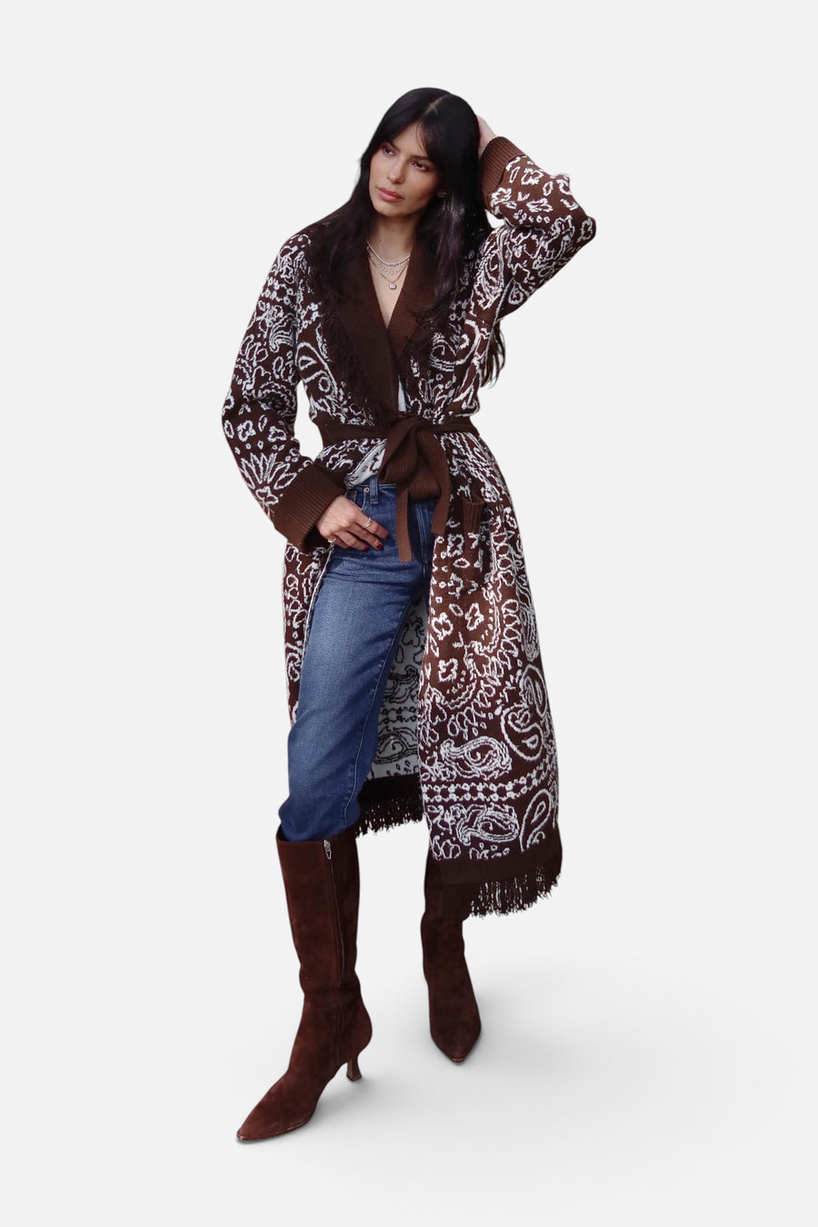 Show Me Your Mumu Maisie Cardigan in Brown Bandana Knit – on model