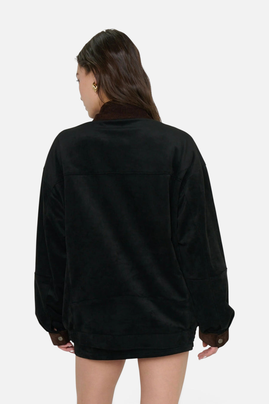 Show Me Your Mumu Maverick Bomber Jacket in Black Faux Suede – back view