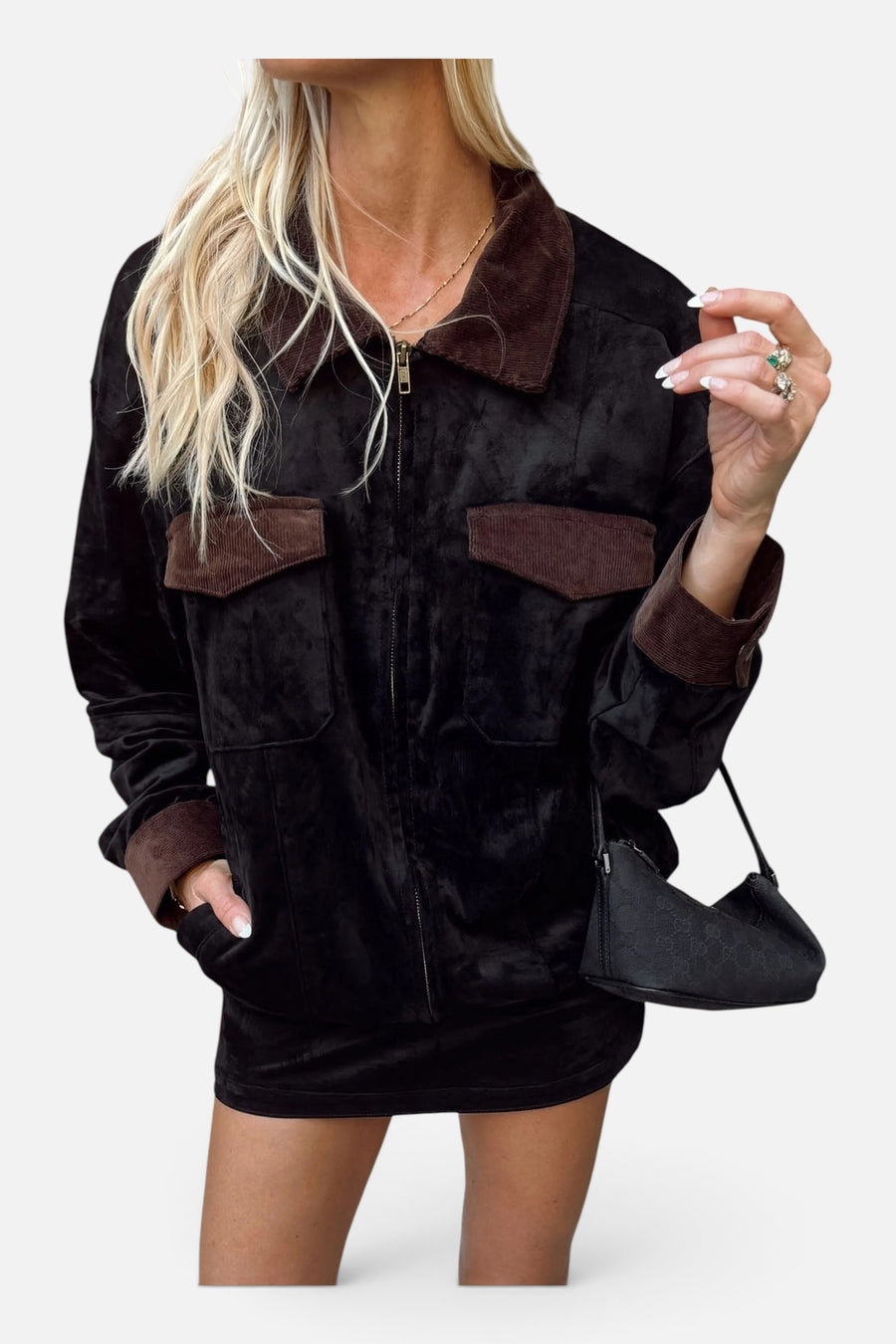 Show Me Your Mumu Maverick Bomber Jacket in Black Faux Suede – detail