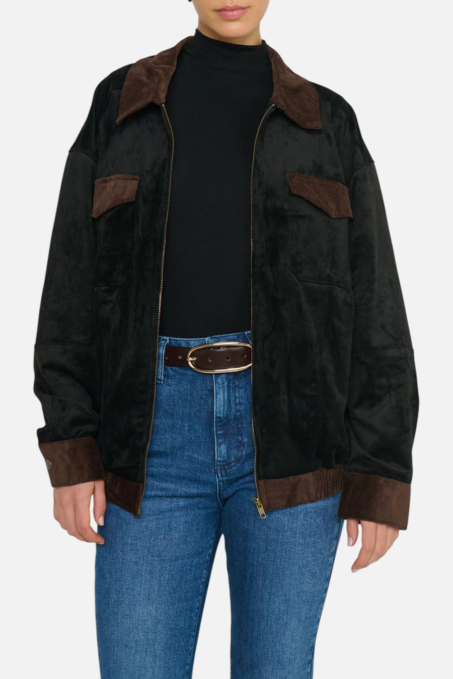 Show Me Your Mumu Maverick Bomber Jacket in Black Faux Suede – side view