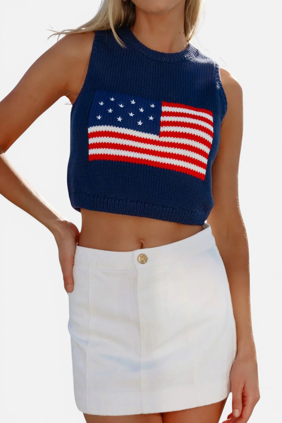 Show Me Your Mumu Milo Knit Tank in Navy Flag – back view