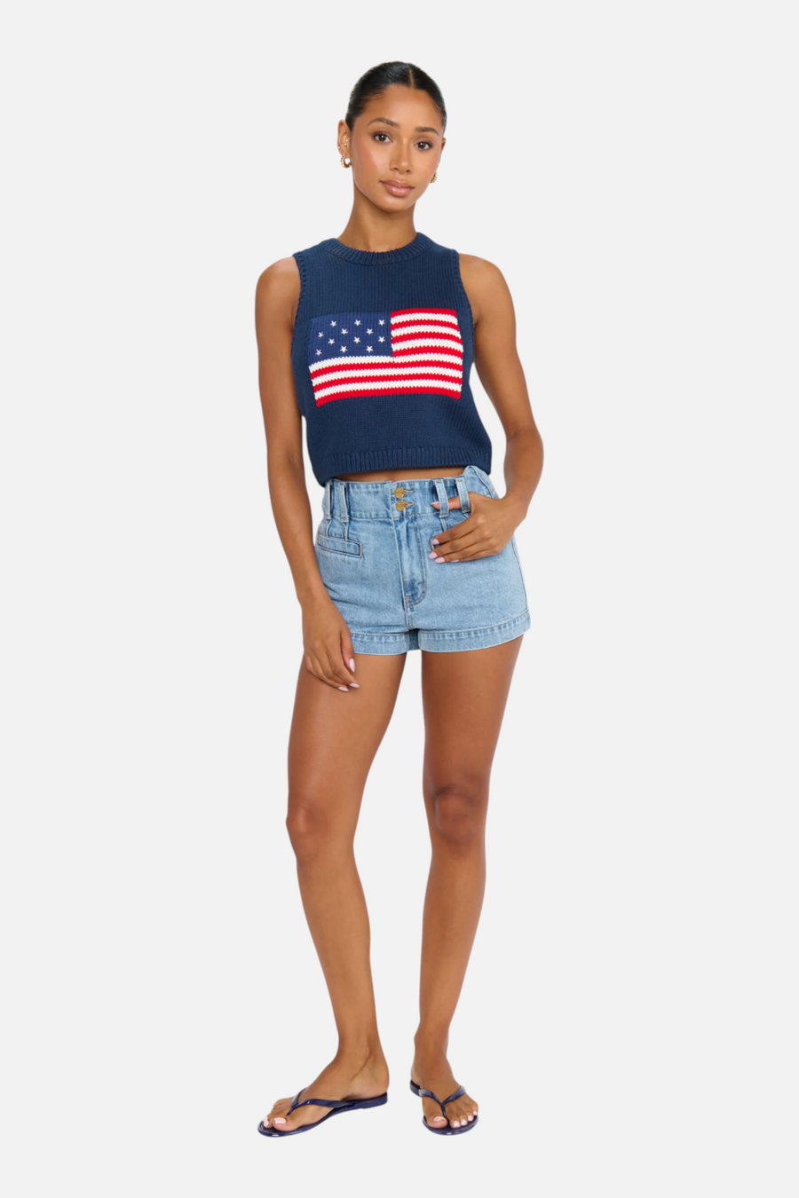 Show Me Your Mumu Milo Knit Tank in Navy Flag – flat lay