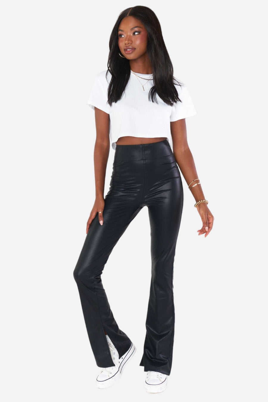 Show Me Your Mumu Nashville Pull On Flare Pant in Black Faux Leather – front view