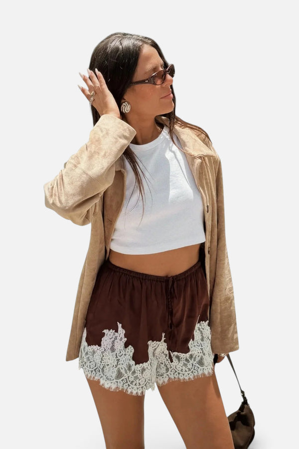 Show Me Your Mumu Sandra Shorts in Chocolate Satin with Lace Trim