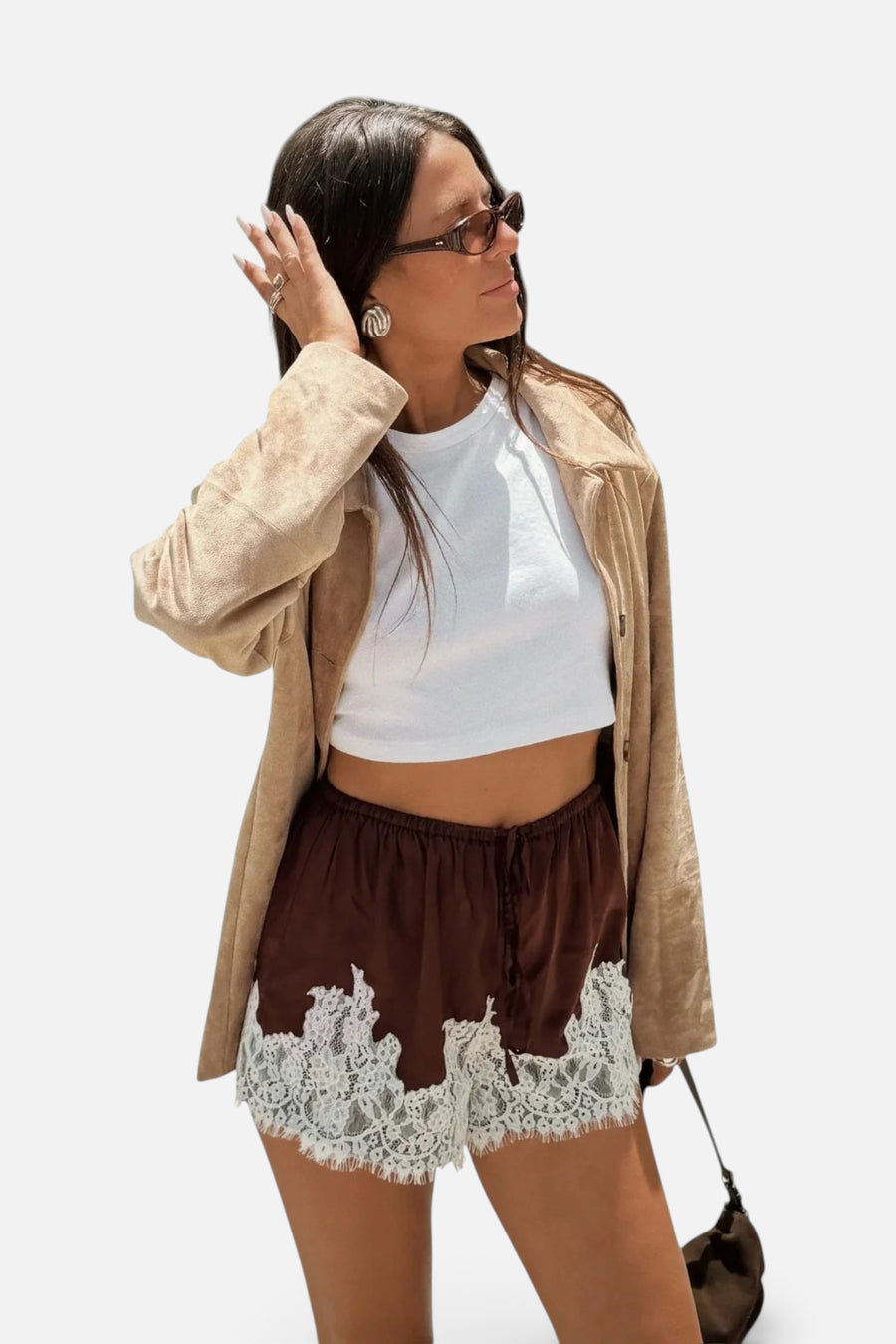 Show Me Your Mumu Sandra Shorts in Chocolate Satin with Lace Trim – front view