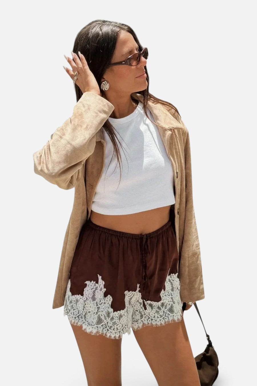 Show Me Your Mumu Sandra Shorts in Chocolate Satin with Lace Trim – on model