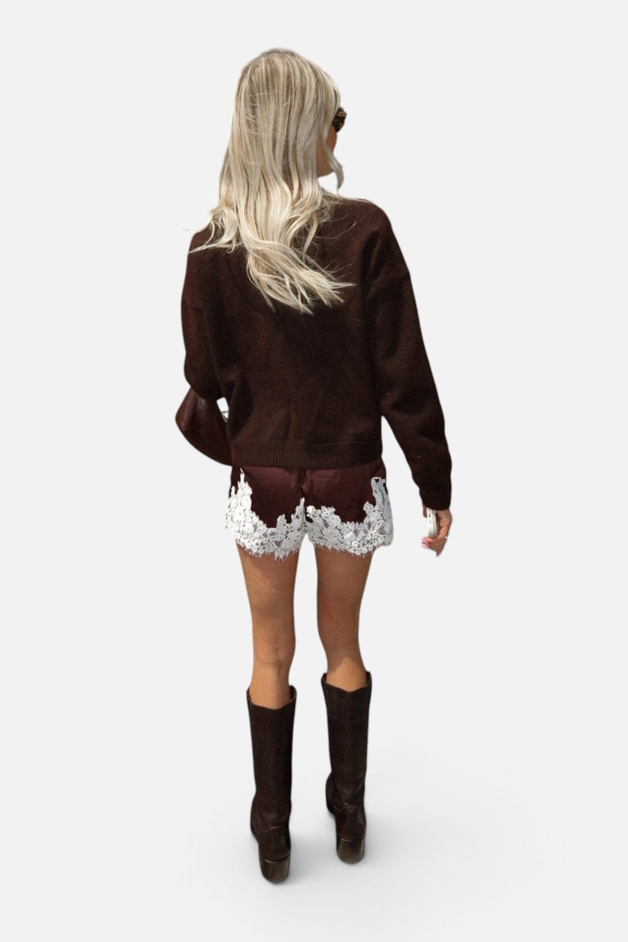 Show Me Your Mumu Sandra Shorts in Chocolate Satin with Lace Trim – on model
