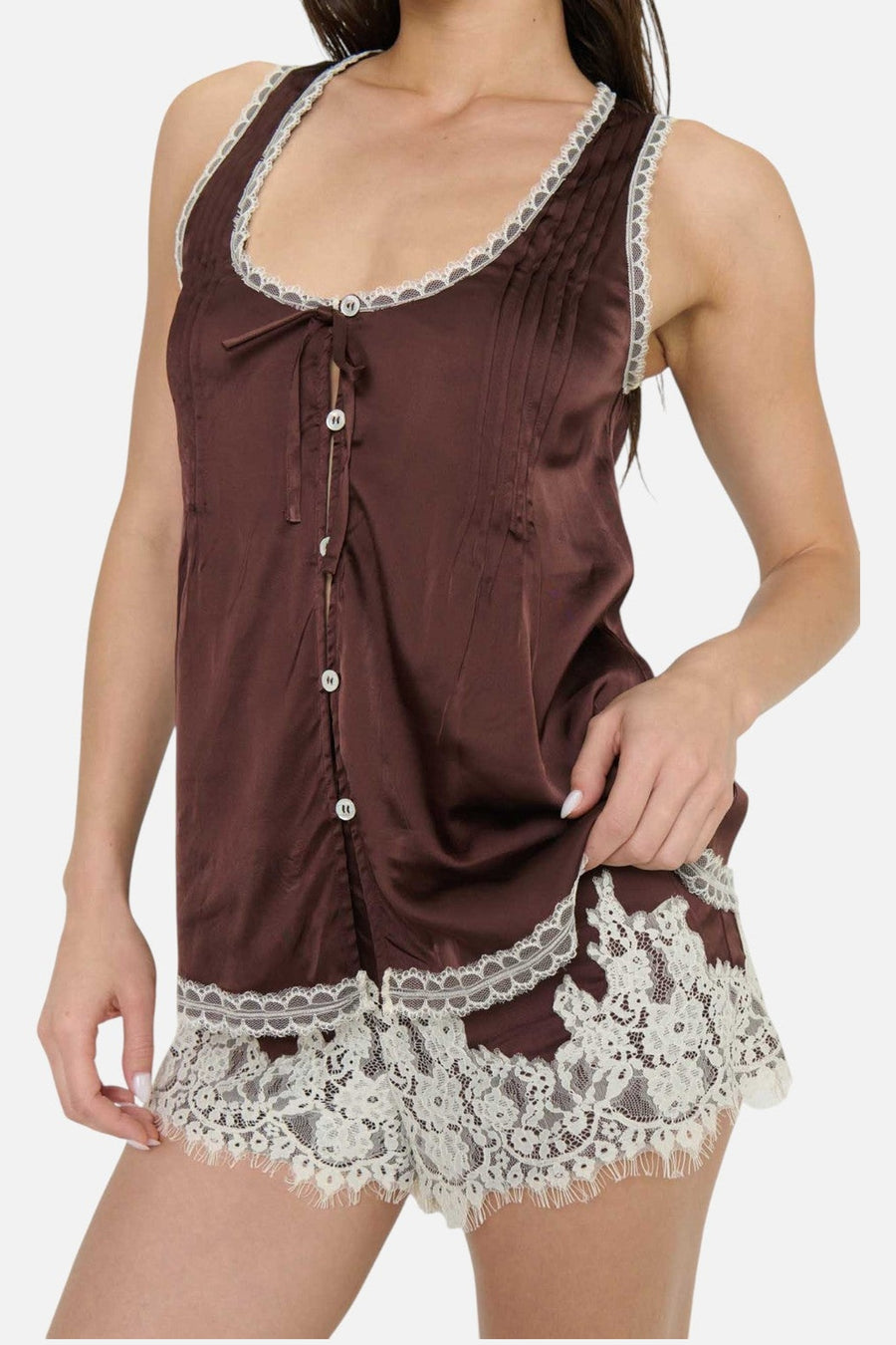 Show Me Your Mumu Sandra Shorts in Chocolate Satin with Lace Trim – detail