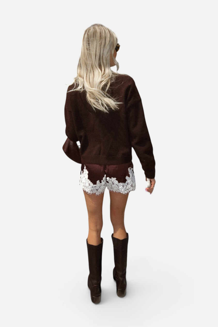 Show Me Your Mumu Sandra Shorts in Chocolate Satin with Lace Trim – side view