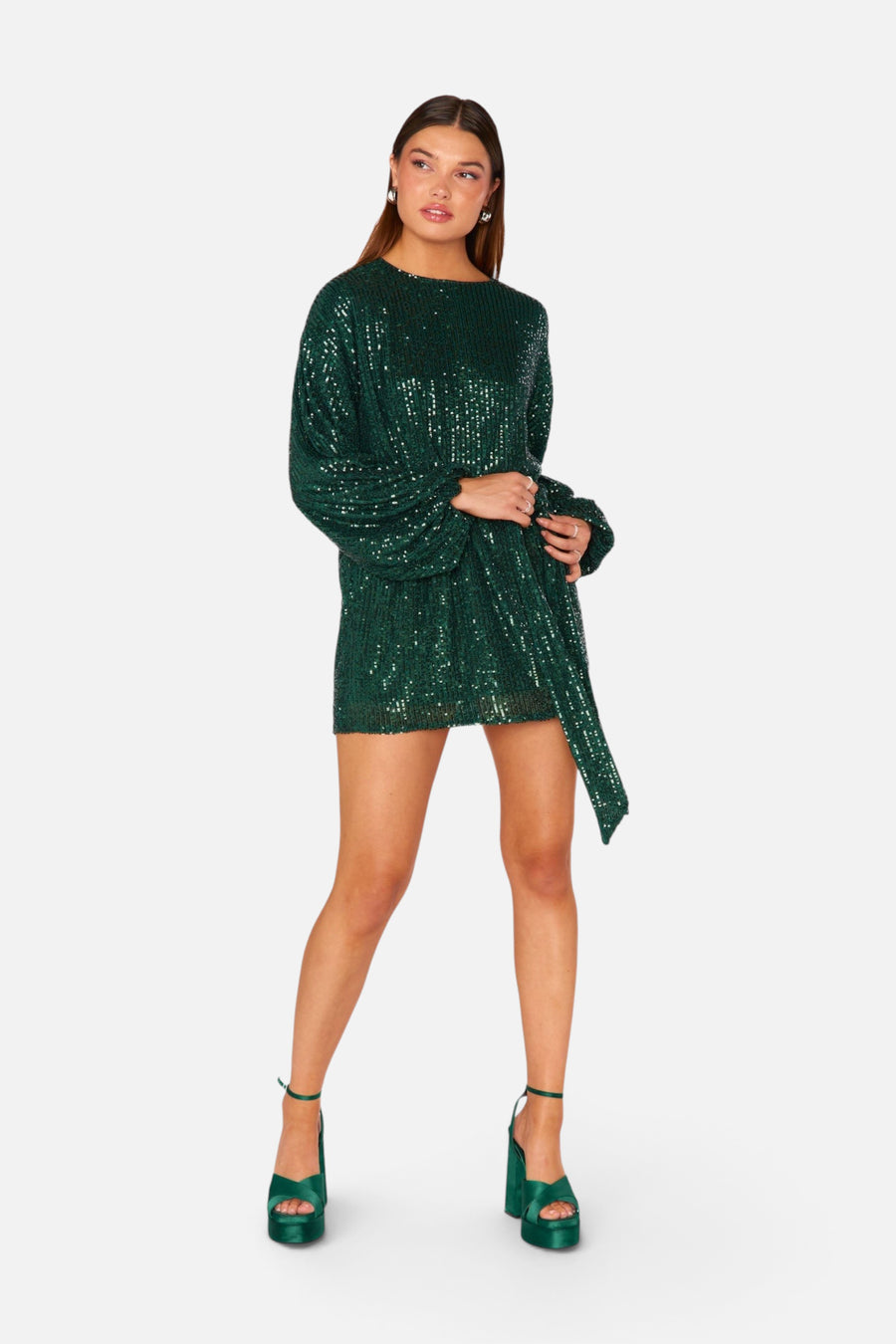 Show Me Your Mumu Sure Thing Mini Dress in Emerald Sequins – back view