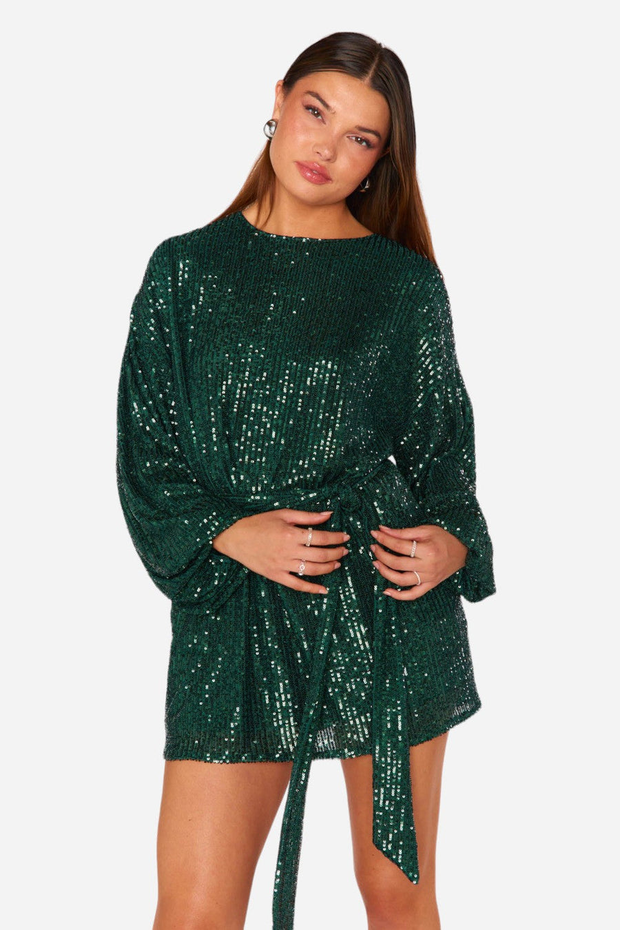 Show Me Your Mumu Sure Thing Mini Dress in Emerald Sequins – front view