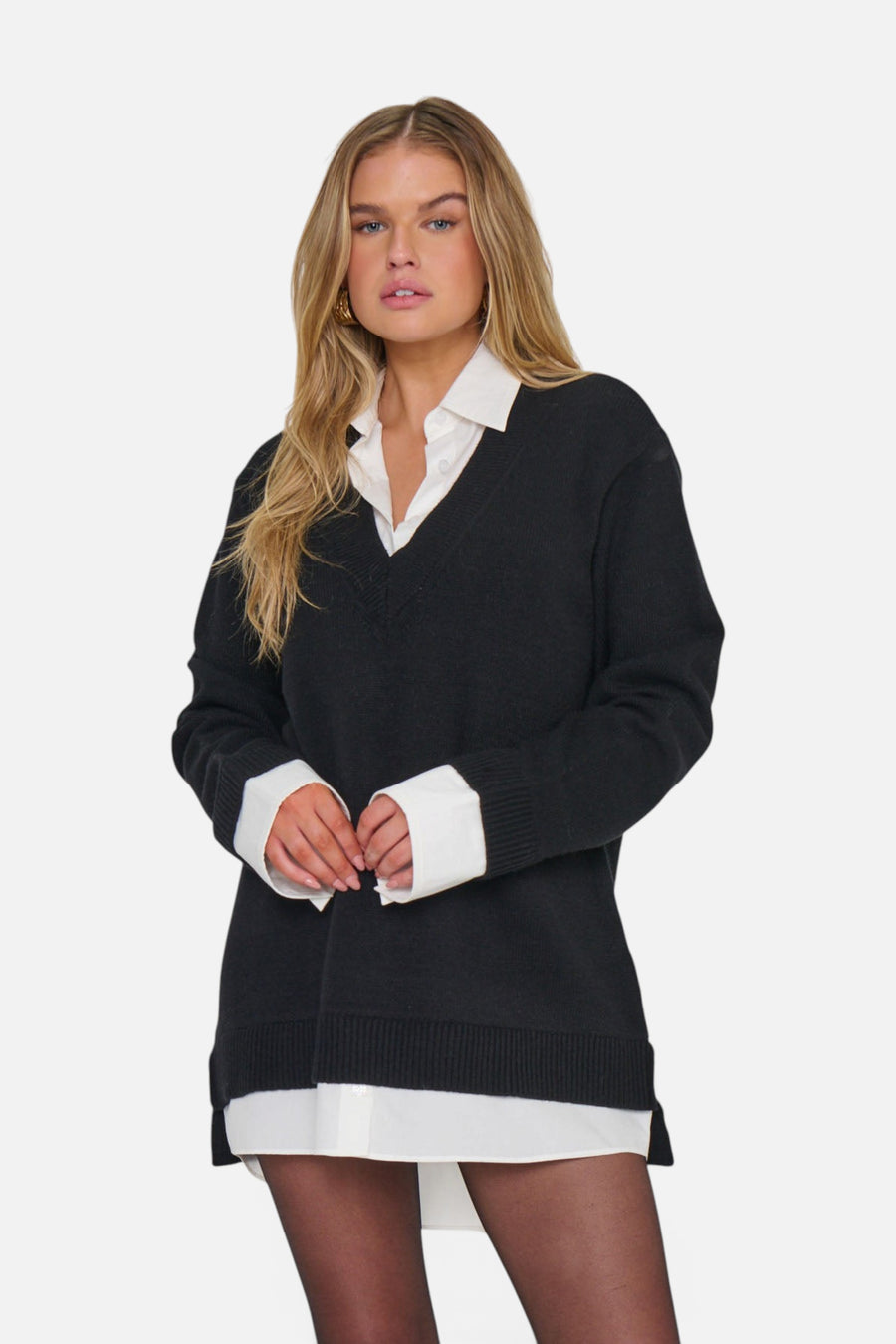 Show Me Your Mumu Women's Lyle Collared Sweater Dress in White Black Knit – alternate