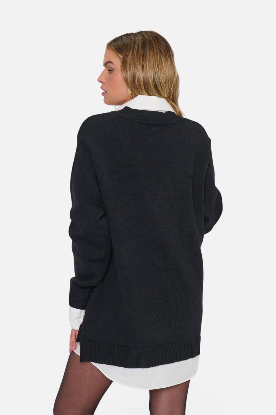 Show Me Your Mumu Women's Lyle Collared Sweater Dress in White Black Knit – back view