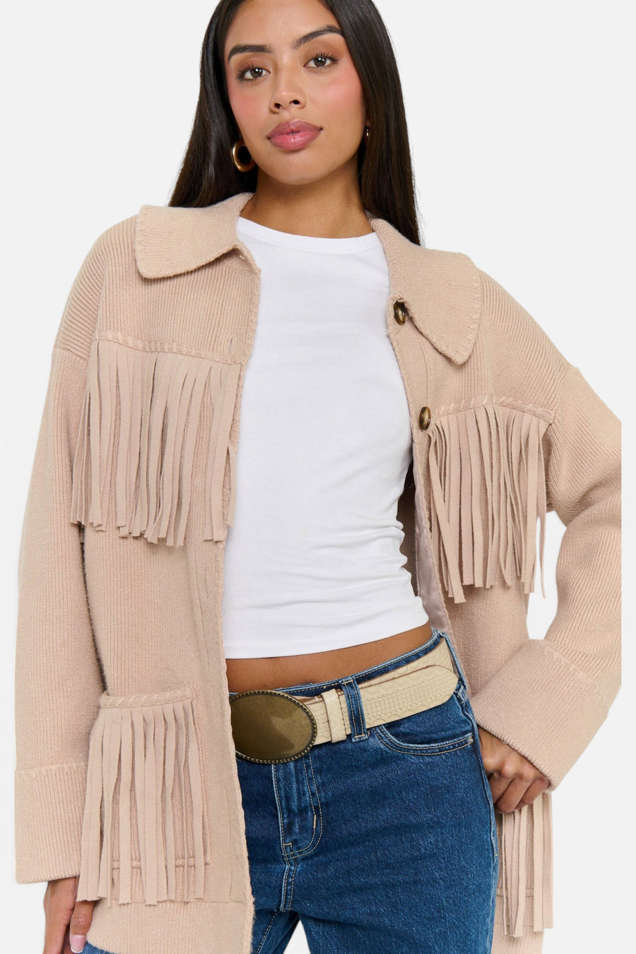 Show Me Your Mumu Women's Santa Barbara Jacket in Tan Knit Fringe – detail