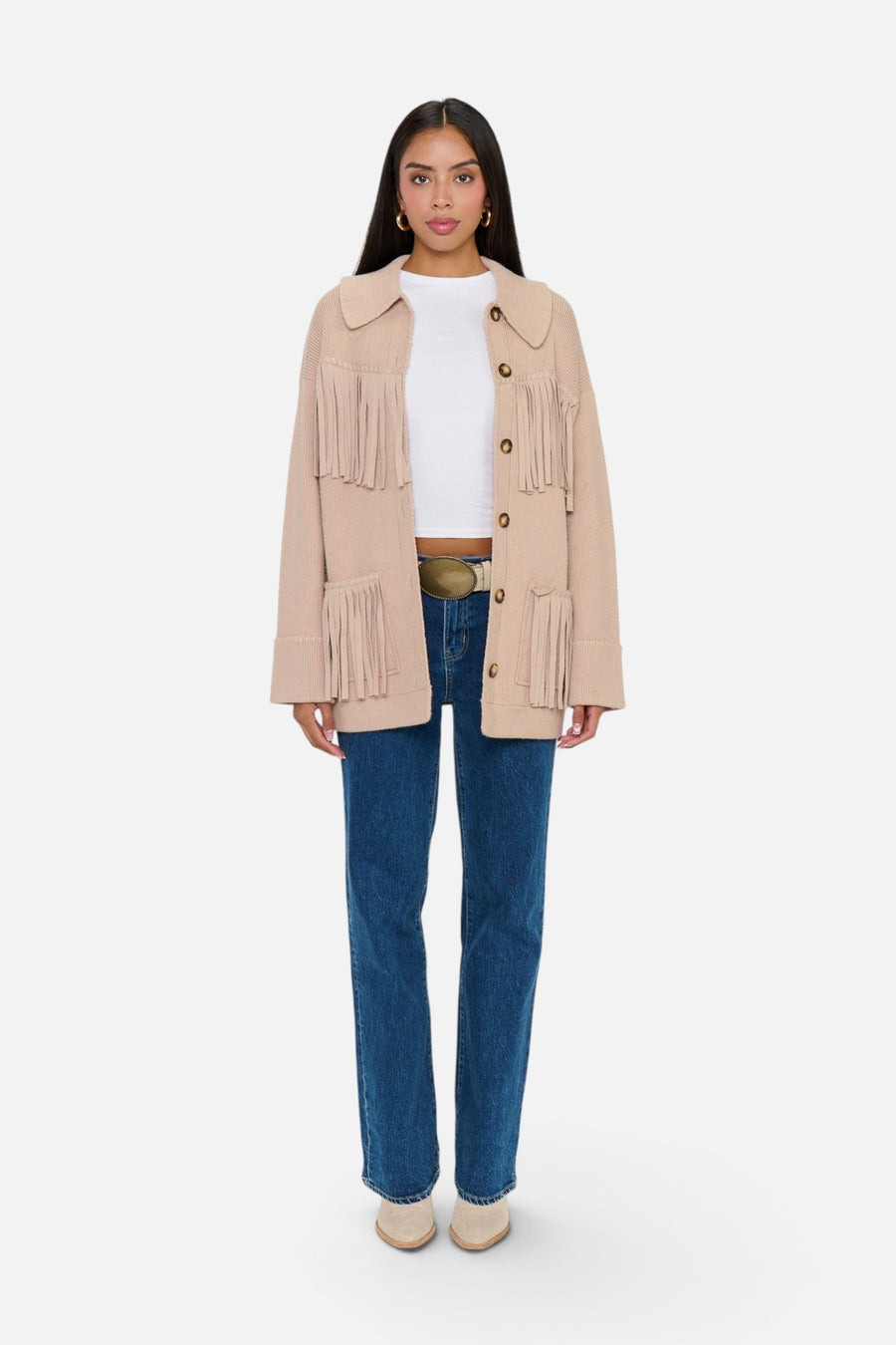 Show Me Your Mumu Women's Santa Barbara Jacket in Tan Knit Fringe – front view