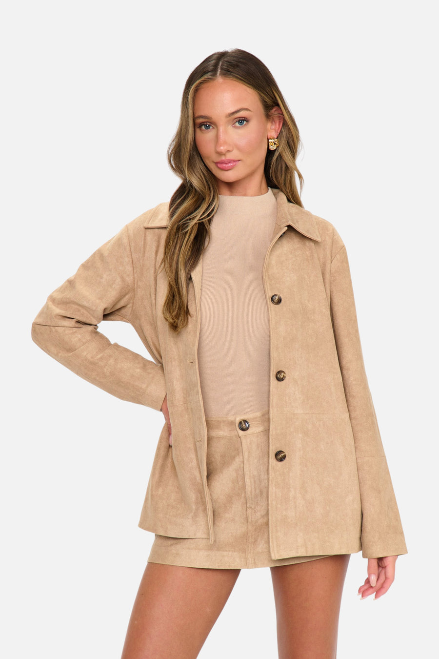 Show Me Your Mumu Women's Vancouver Jacket in Beige Faux Suede – front view