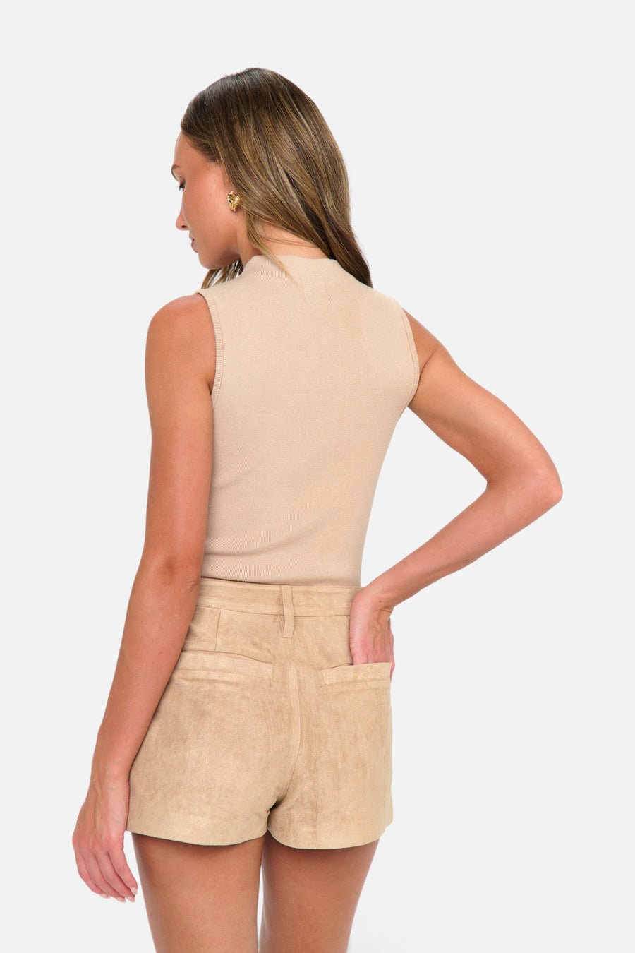Show Me Your Mumu Women's Vancouver Skort in Beige Faux Suede – back view