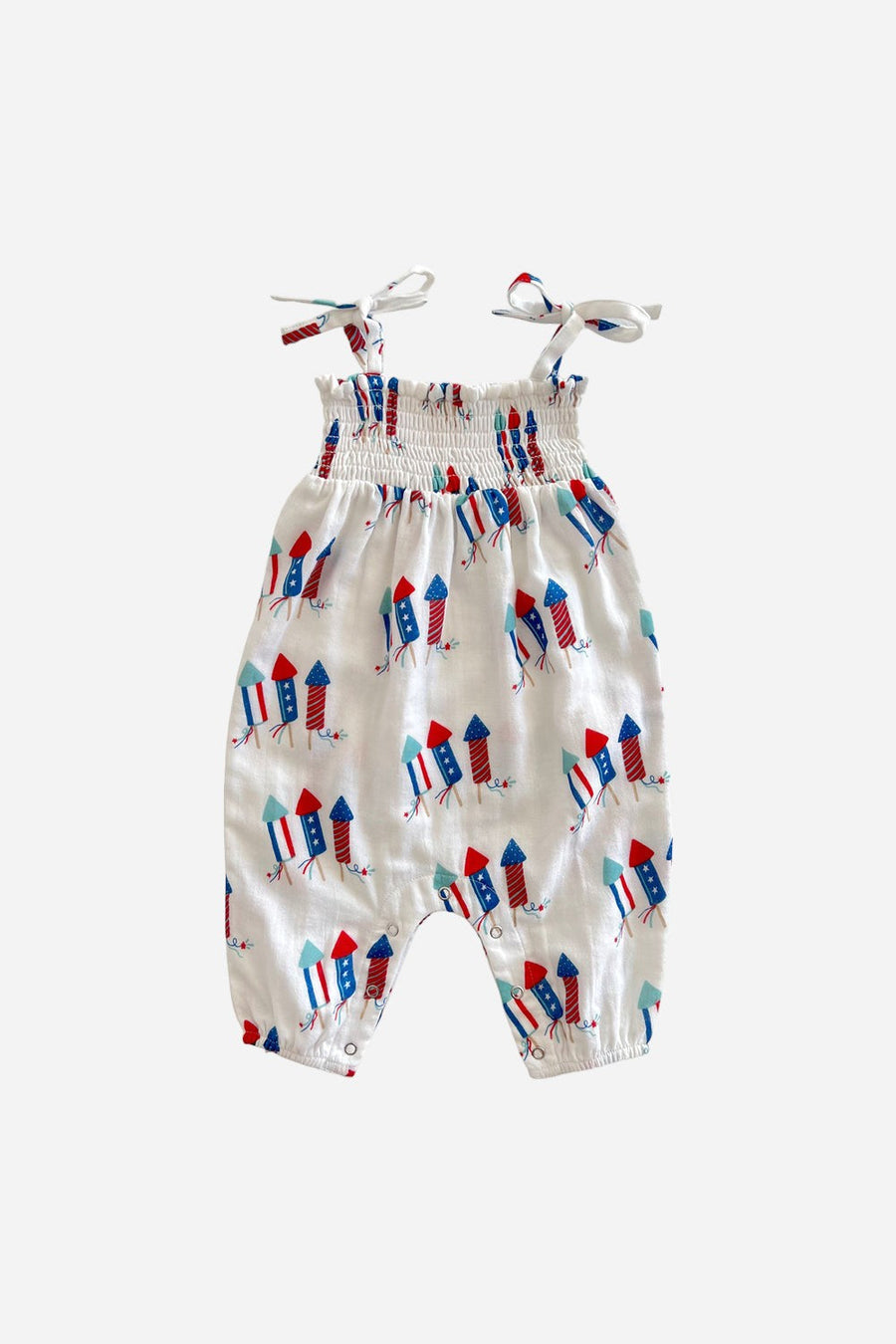 Siix Collection Organic Smocked Jumpsuit in Firecrackers – front view