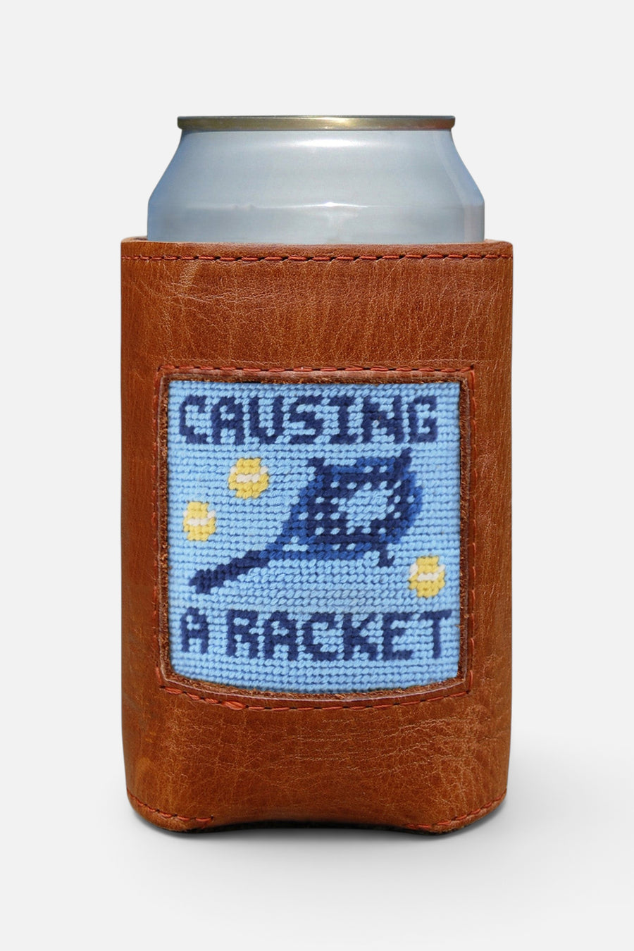Smathers & Branson Causing a Racket Needlepoint Can Cooler in Light Blue – front view