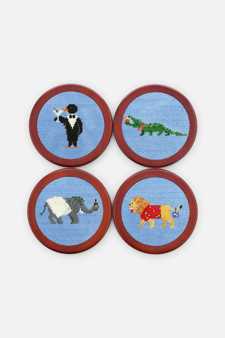Smathers & Branson Party Animals Needlepoint Coasters in Light Blue – front view
