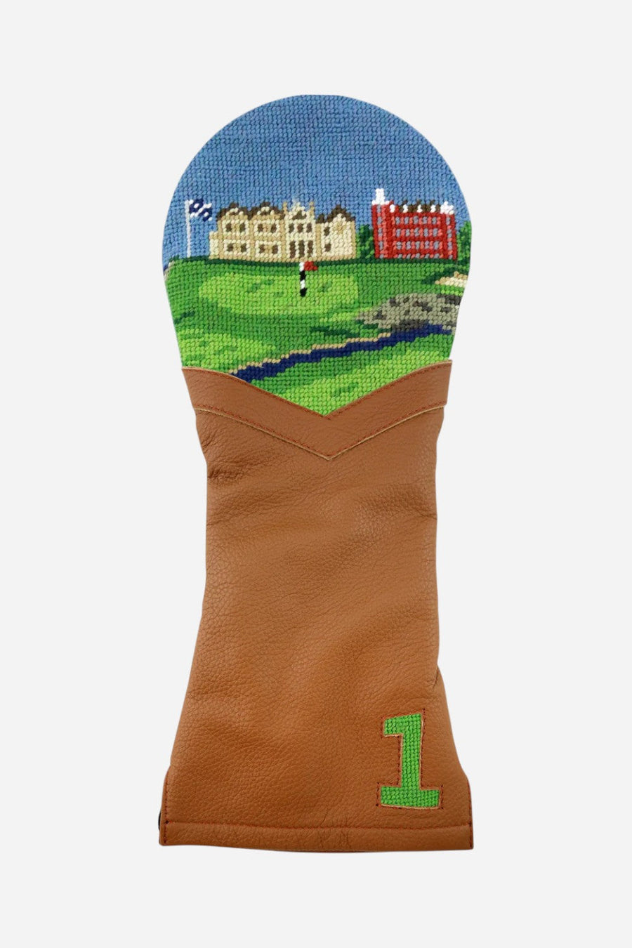 Smathers & Branson St Andrews Scene Driver Headcover (Chestnut Leather) – front view