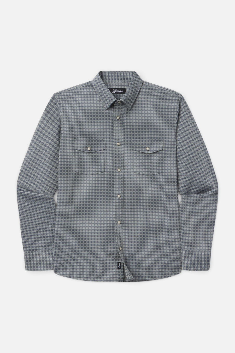 Snaps Rambler Vintage Gingham Pearl Snap Shirt in Blue – flat lay