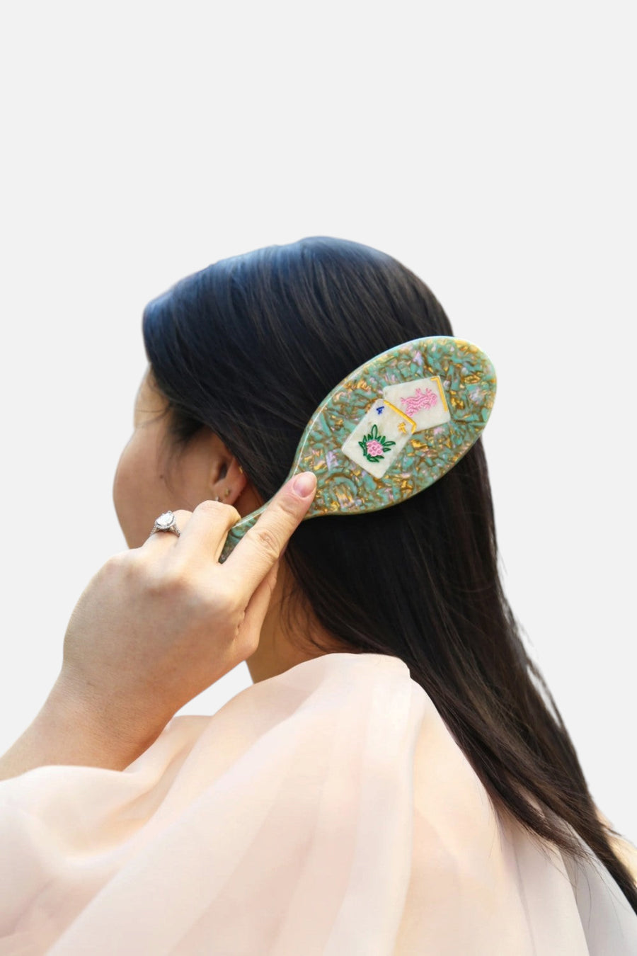 Solar Eclipse Mahjong Flower Hair Brush – back view