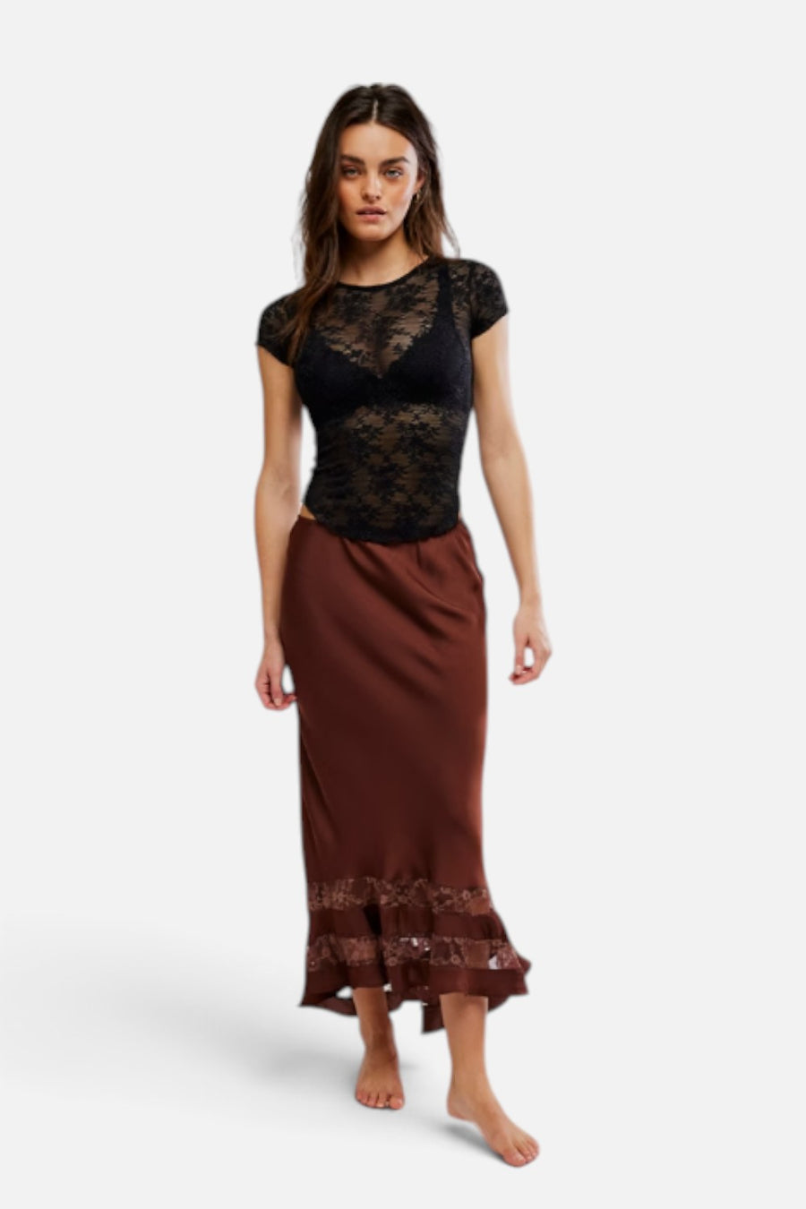 Free People Long Lost Lover maxi slip skirt in spice, front view.