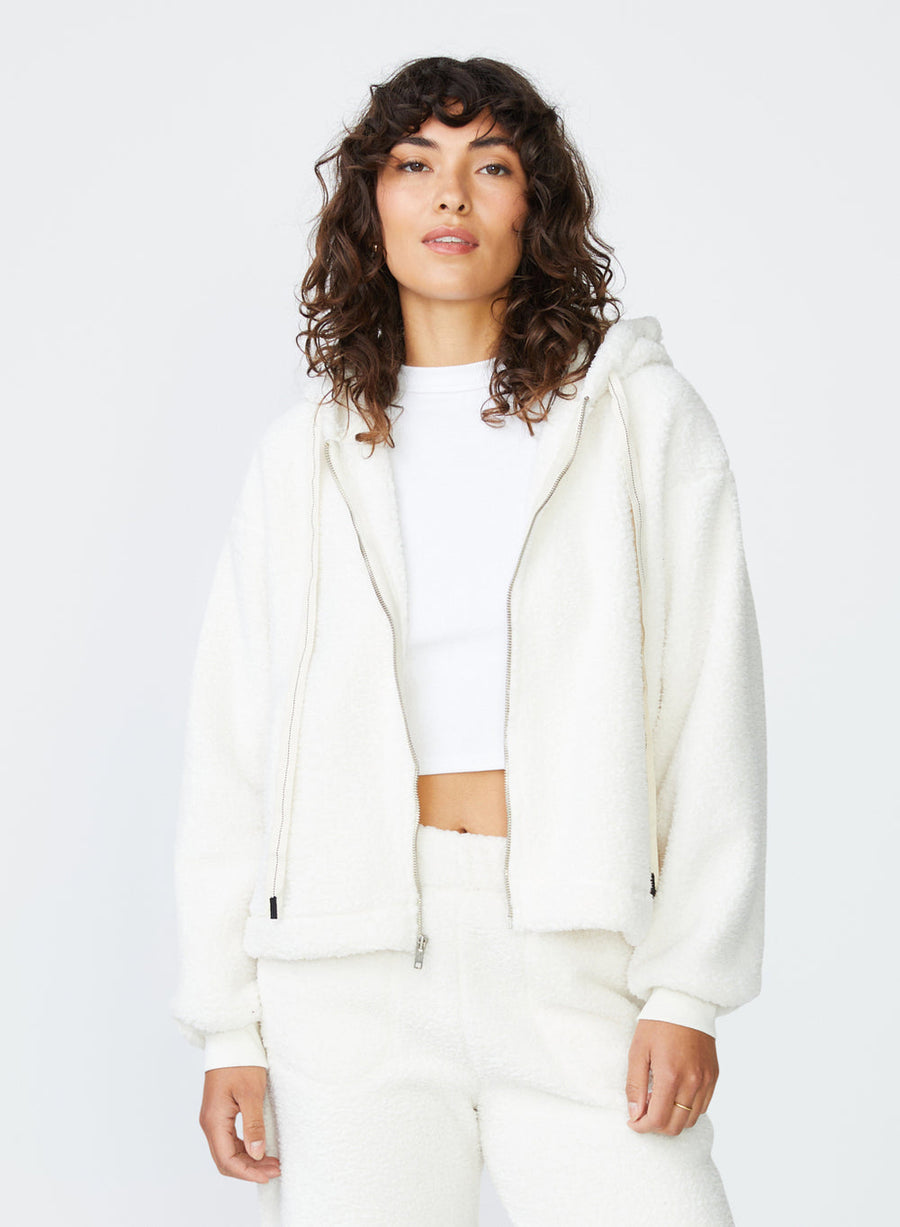 Stateside Double Face Sherpa Hooded Zip Jacket in Cream – back view