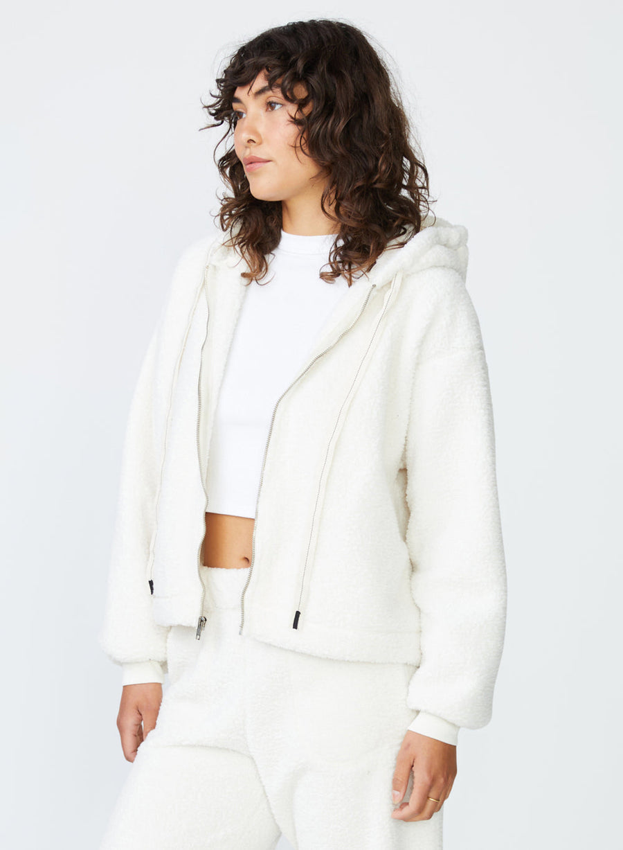 Stateside Double Face Sherpa Hooded Zip Jacket in Cream – detail