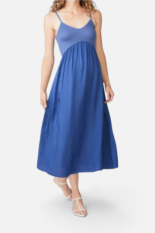 Stateside Viscose Satin Mixed Media Cami Dress in Blue