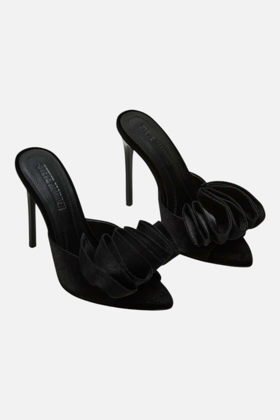 Steve Madden Affinity Heel in Black Satin – side view