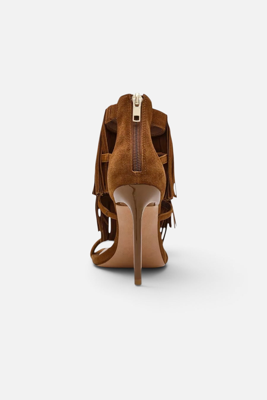 Steve Madden Fringzy Suede Dress Sandal in Chestnut – back view