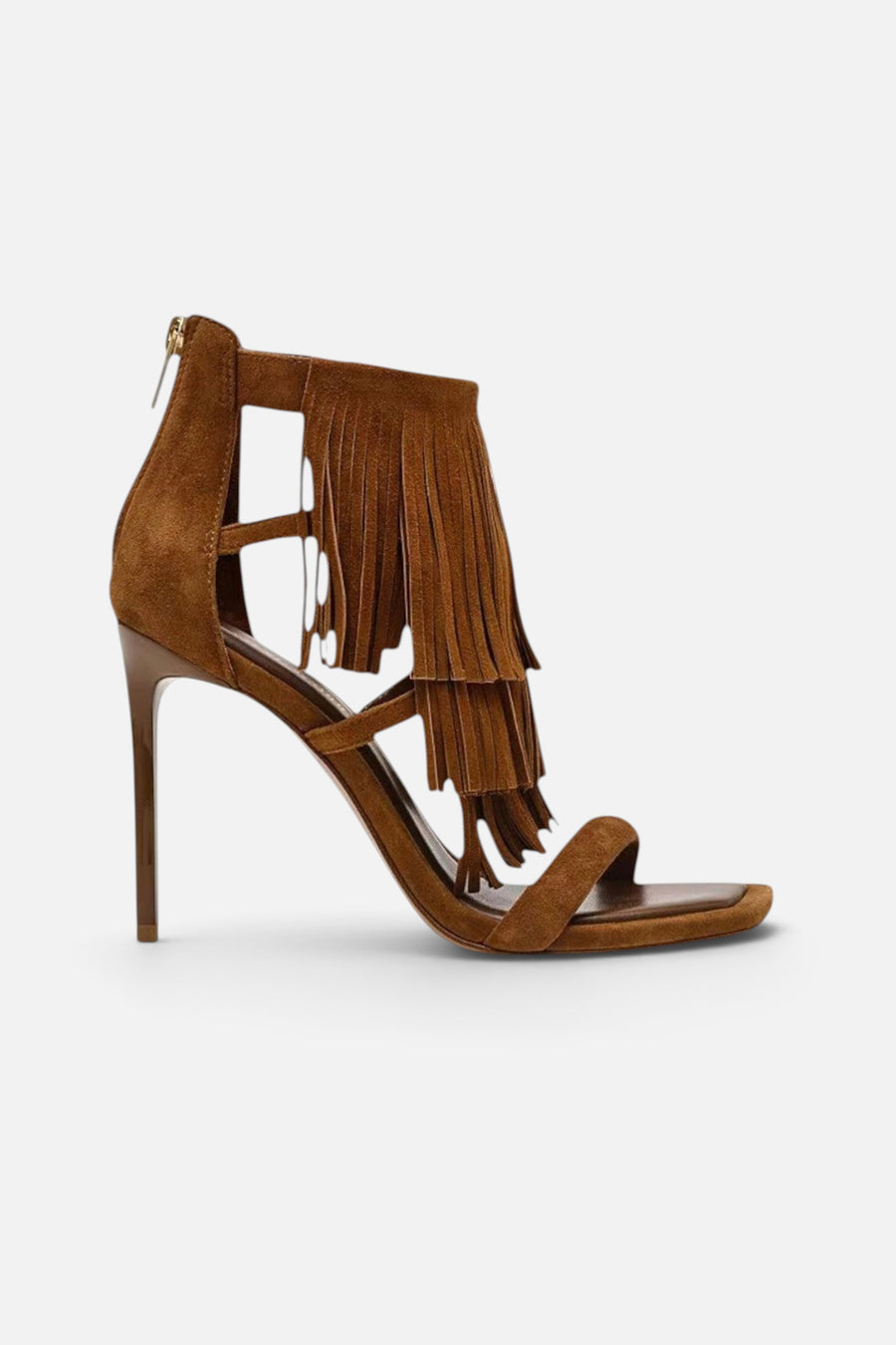 Steve Madden Fringzy Suede Dress Sandal in Chestnut – side view