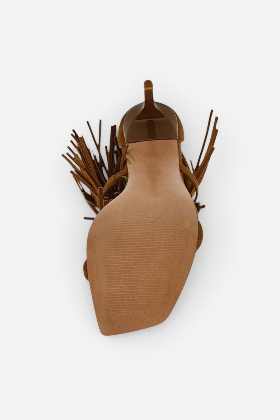 Steve Madden Fringzy Suede Dress Sandal in Chestnut – top view