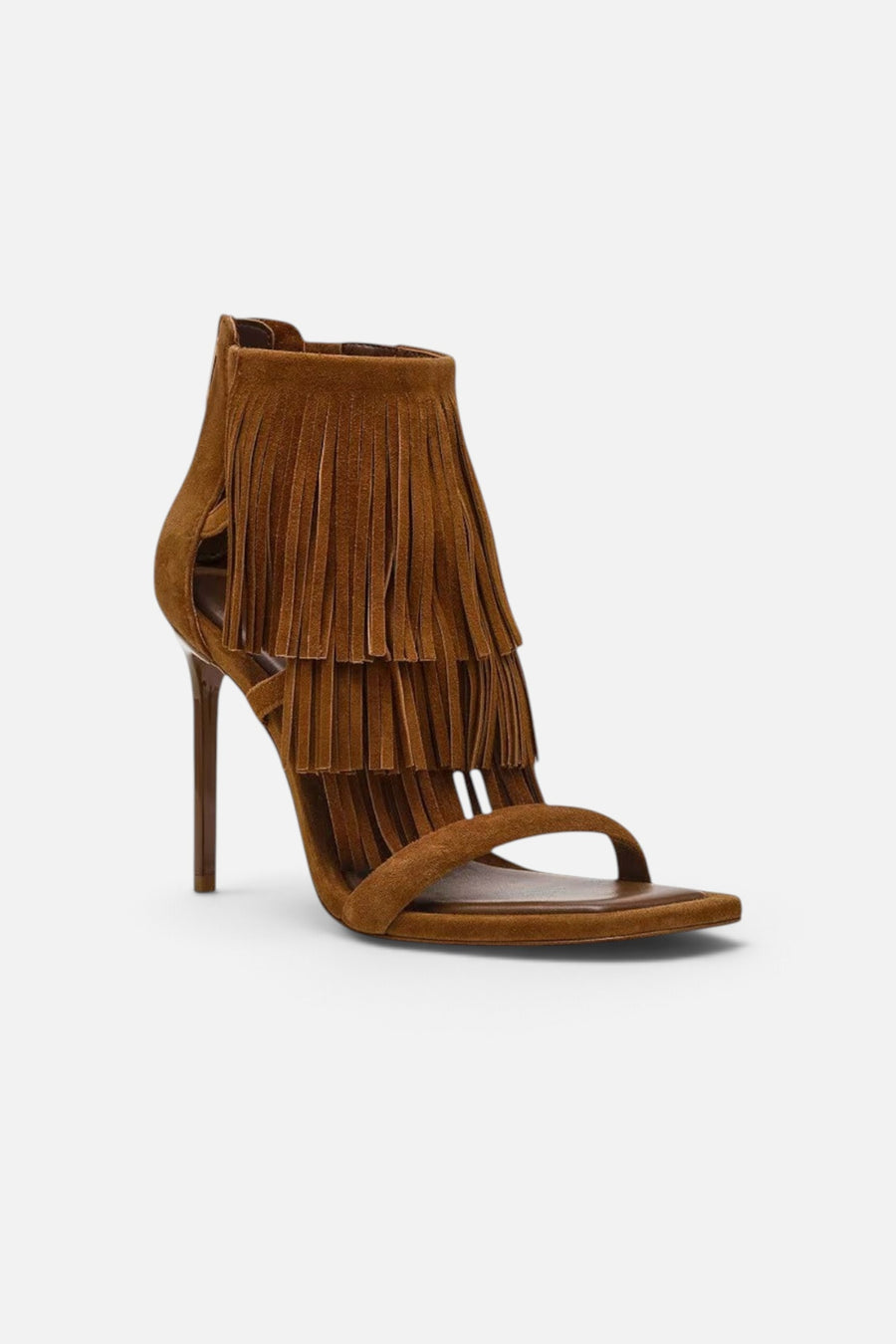 Steve Madden Fringzy Suede Dress Sandal in Chestnut – three-quarter view