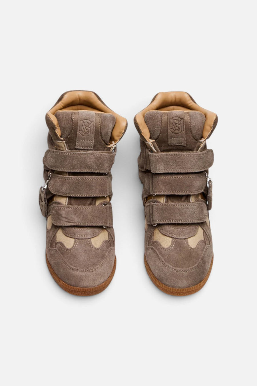 Steve Madden Mavis High-Top Wedge Sneaker in Taupe Suede – flat lay