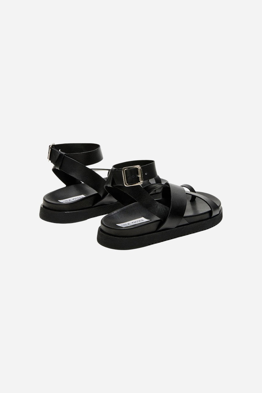 Steve Madden Mira Black Leather Sandal – flat lay