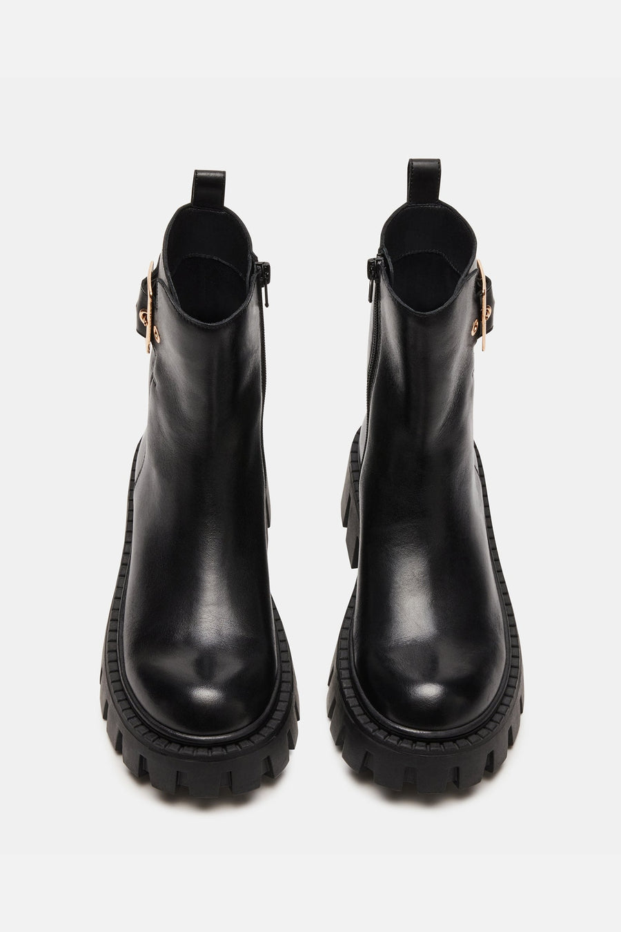 Steve Madden Samera Booties in Black Leather – flat lay