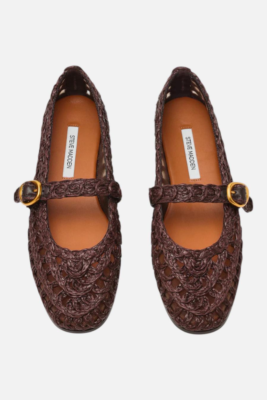 Steve Madden Women's Melody Brown Raffia Mary Jane Woven Buckle Flat – back view
