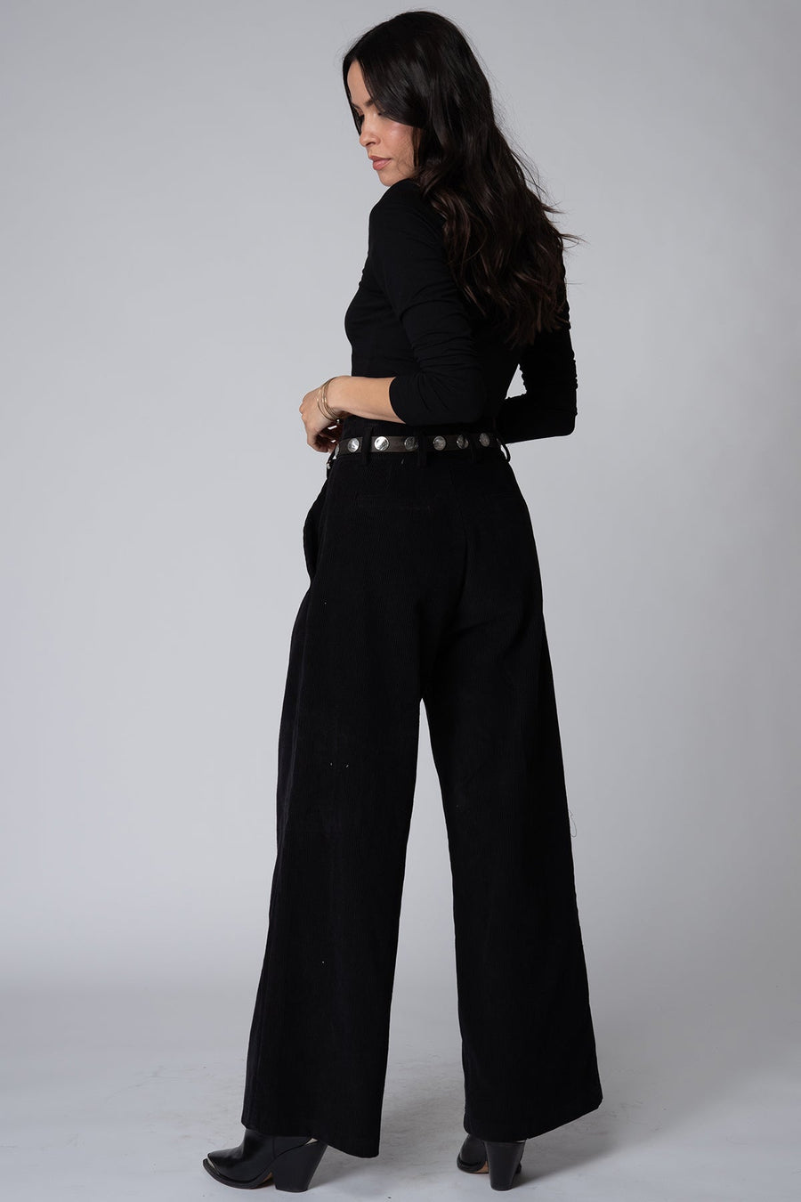 Stillwater Corduroy Knotch Waist Pant in Black – flat lay