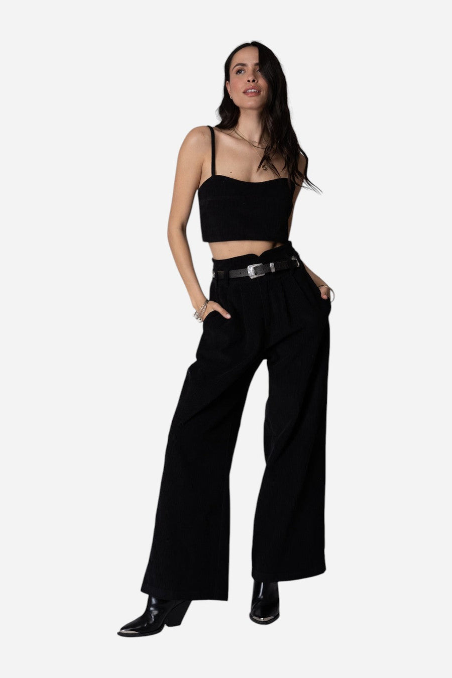 Stillwater Corduroy Knotch Waist Pant in Black – front view